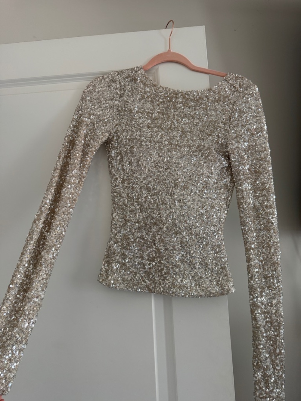 Free People Sequin Long Sleeve Open Back Top - Champagne Sparkle